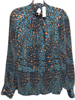 New York & Company Blue Leopard Print Top Blouse Sz XXL Pleated Side Zip New Tag